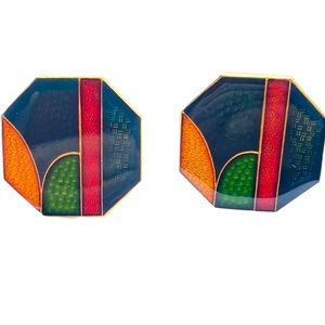Cloisonne Enamel Octagone Earrings Stud Geometric Blue Green Red Ornate
